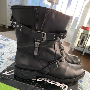 Black moto boots, studs, zipper, very comfy